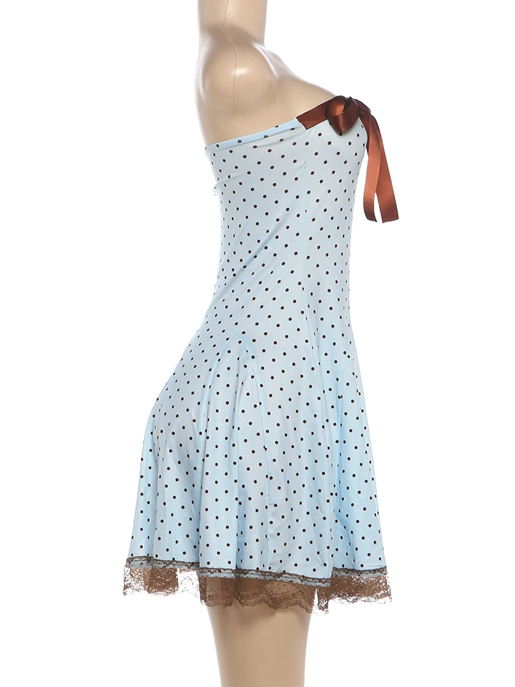 Weird Puss Bow Dekorations-Minikleid für Damen, Polka-Dot-Print, Wickel-Design, rückenfrei, Spitzenkante am Saum, Geburtstagsparty, elegantes Bodycon-Kleid – Detail 4