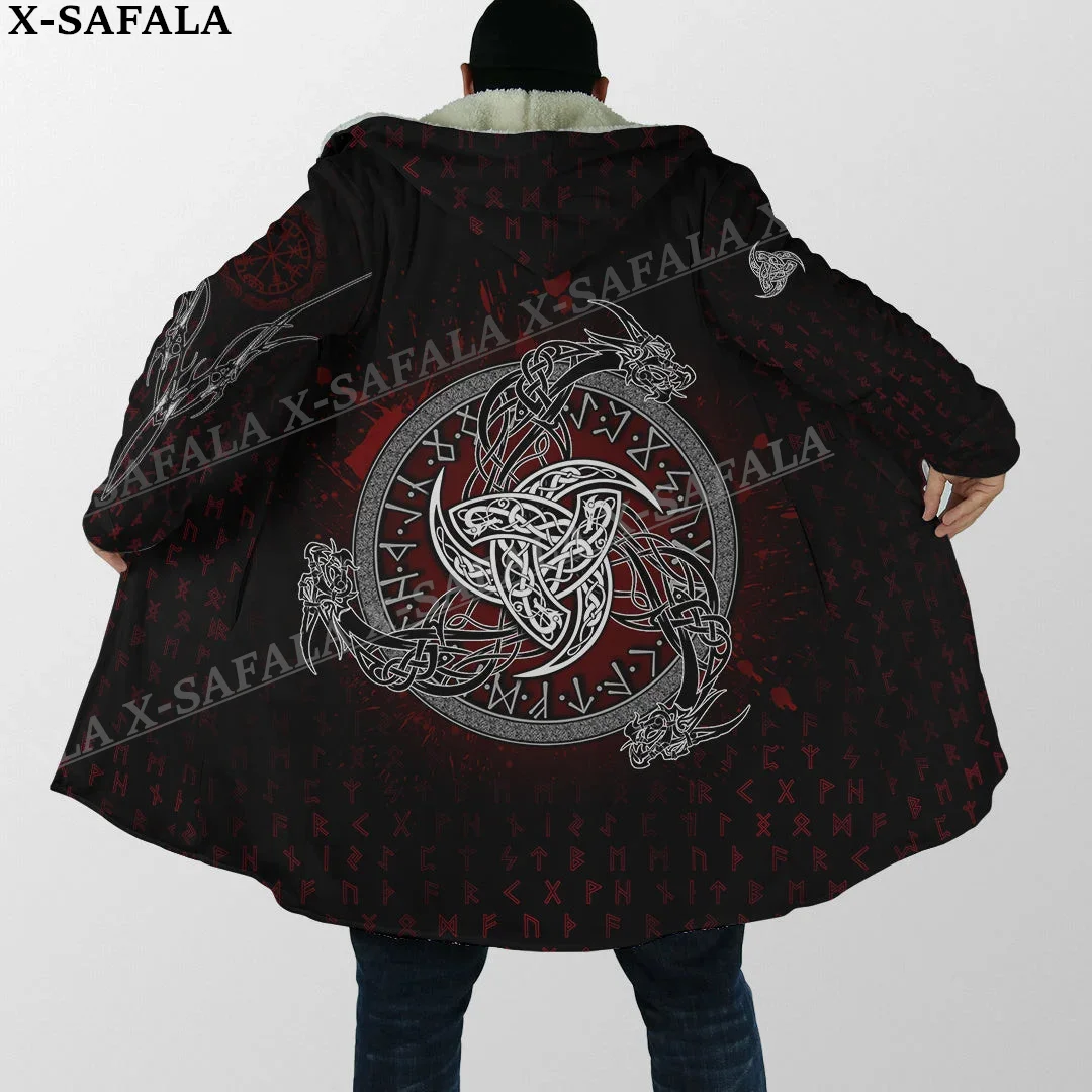 Symbol Tattoo Raven Odin Viking Mythology Thick Warm Hooded Cloak Men Overcoat Coat Windproof Fleece Cape Robe Hooded Blanket-9