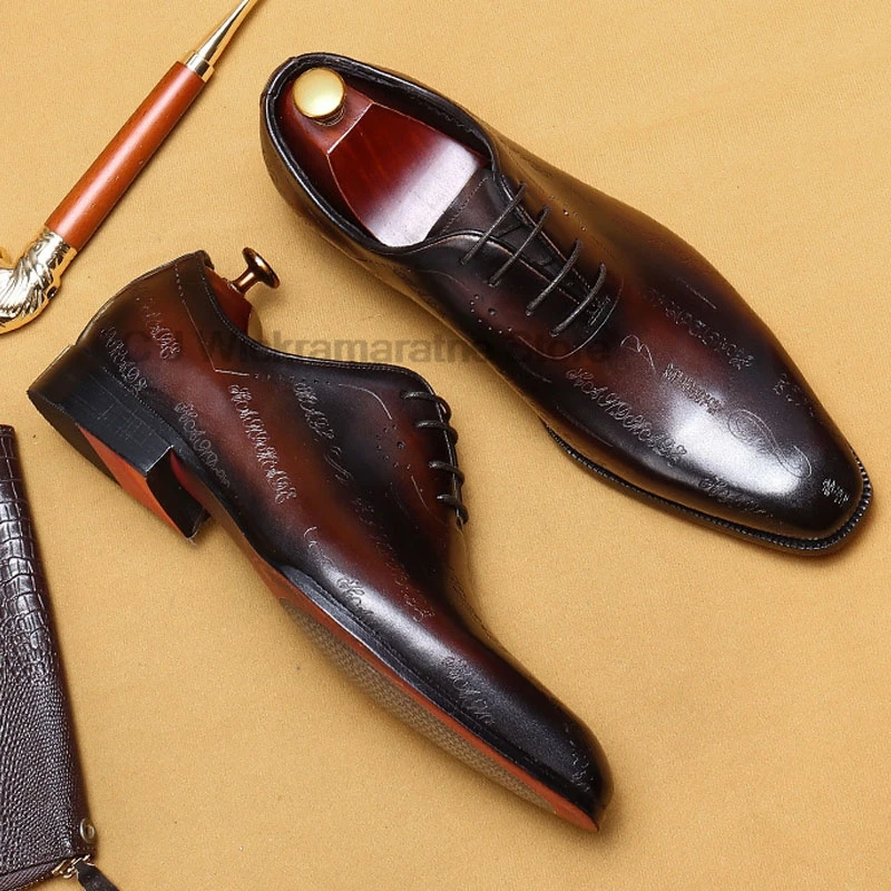 HKDQ-Oxfords marron en cuir de vache pour hommes, chaussures provoqué pointues faites à la main pour mariage, chaussures formelles de bureau d'affaires à lacets