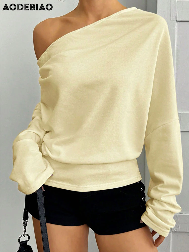 AODEBIAO Women Hoodie Autumn Long Sleeves Fashion Solid Loose Basic Top Sexy Off-shoulder Casual Simple Hoodie Women Streetwear
