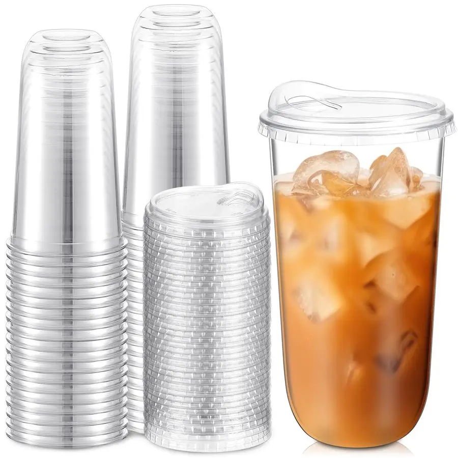 

50 Pcs Round Bottom Plastic Cups with Sip Lids Clear Disposable Iced Coffee Cups for Smoothie Cold Beverage Coffee Shops and Par
