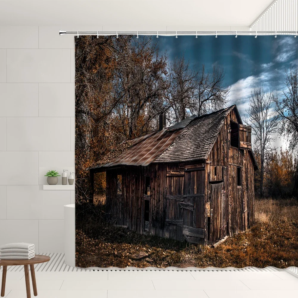 Farm Scenery Shower Curtain Vintage Farmhouse Straw Stack Waterproof Polyester Fabric Bathroom Screen Decoration with Hooks