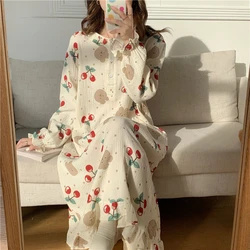 Cotton Robe Long Sleeve Nightgown with Bra Pads Women Sleepwear Loungewear Kawaii Clothes Print Loose Soft Kimono Nightgown