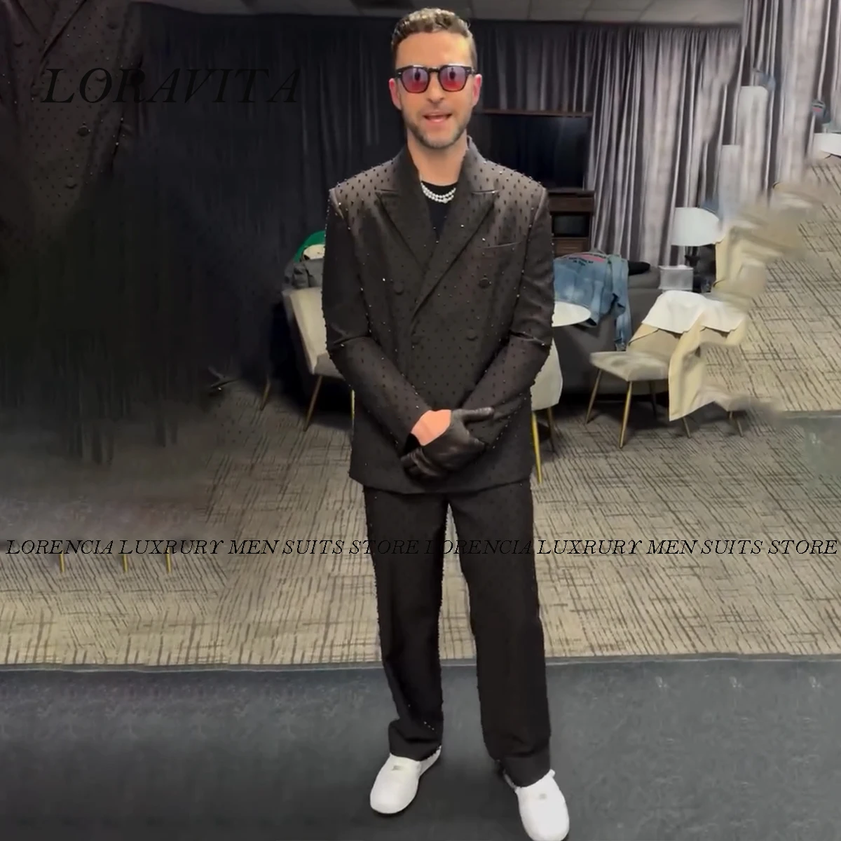 

Customized Sparkly Beaded Crystal Men Suits 2 Piece Sets Male Prom Blazer Slim Fit Groom Wedding Tuxedos Floars Ropa hombre