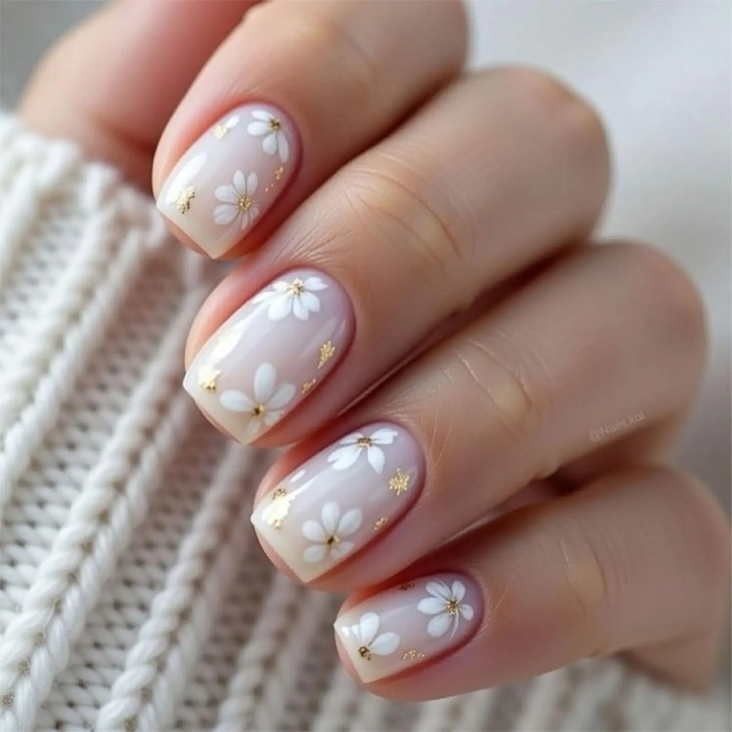 24PcShort Square Press on Nails Nude Fake Nails with White Flower Cute False Nails Floral Artificial Nails Glossy Glue on Nails