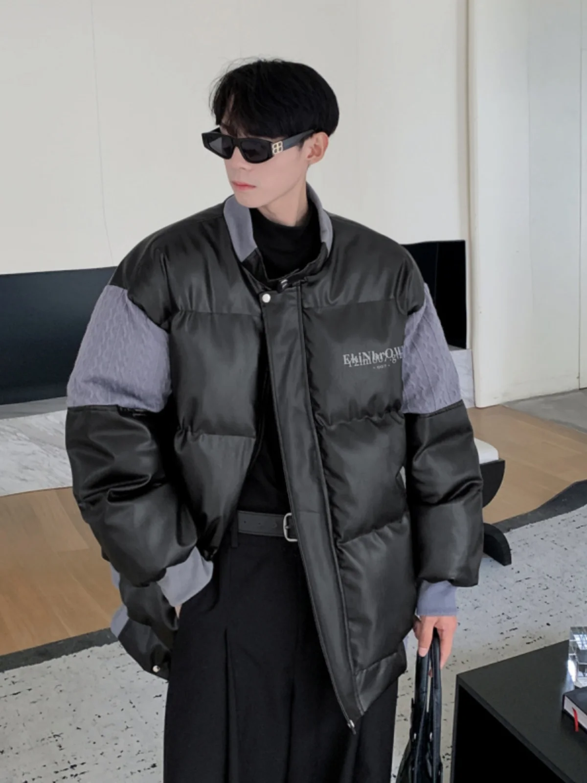 

Men's Winter Thiened Warm Loose Large Size Cotton Jaet PU Leather Patchwork Youth Faion Zipper Closure Casual Outerwear