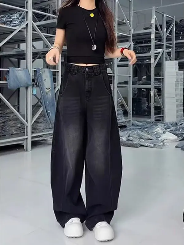 American Style Loose Fit Black Knife  Denim Jeans for Women Autumn New plus Size Pear Shape High Waist Slimming Wide Leg ...