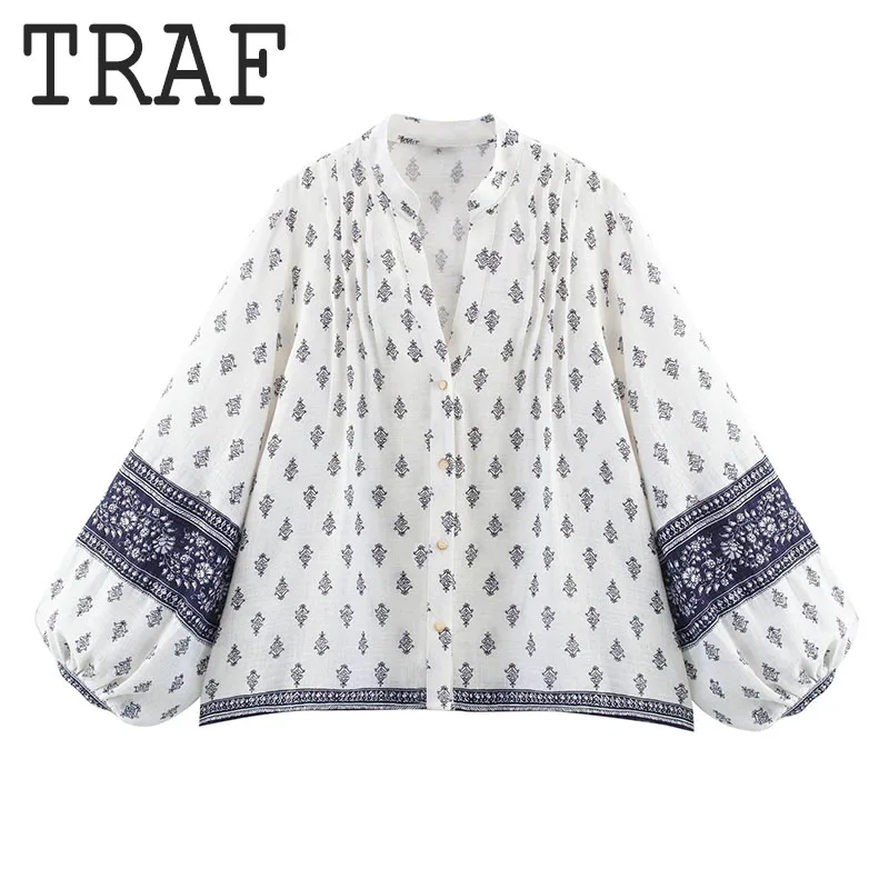 TRAF 2025 nuevas camisas holgadas con cuello en V, camisas estampadas a la moda, Tops para mujer, camisa de manga larga con una hilera de botones, camisas informales para mujer