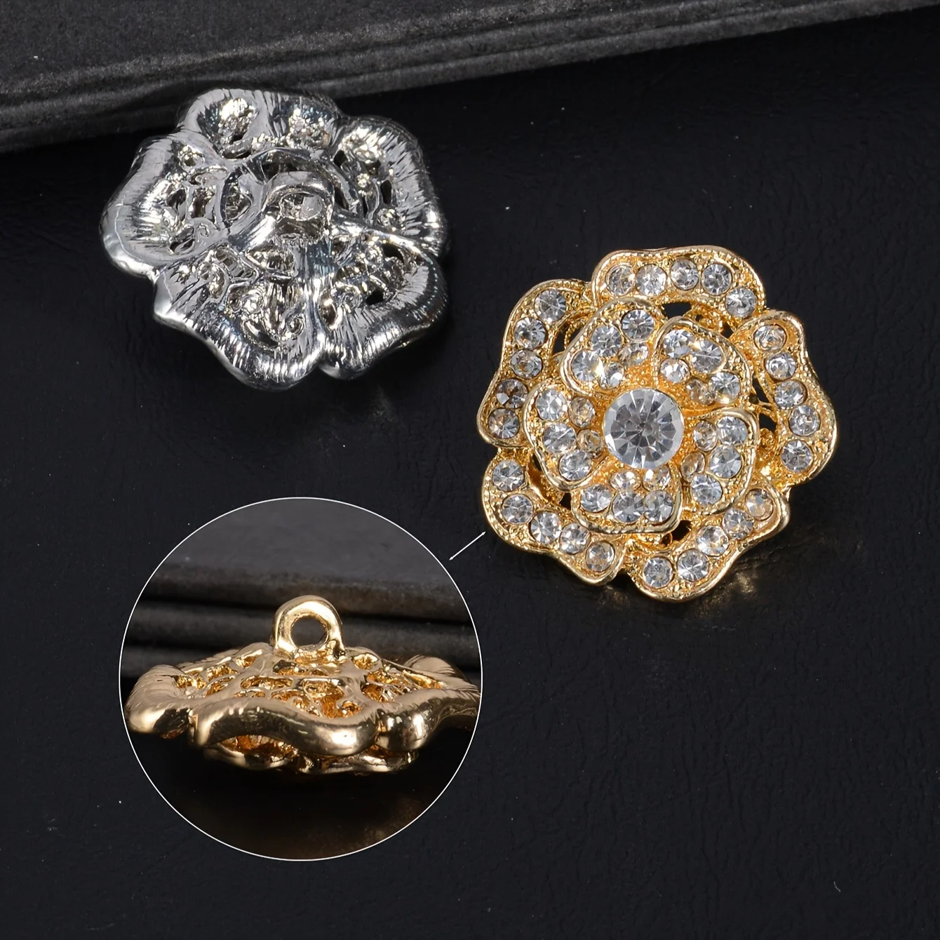 3Pcs/Pack  Camellia Metal Buttons For Shirts Sweater Coat Buckle Rhinestone Flower Decorative Clothing Sewing Button﻿ DIY