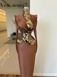 Brown Mirror Rhinestones Long Sleeves Evening Dresses Arabic Muslim High Neck Formal Women Wedding Guest Gowns Satin Outfits