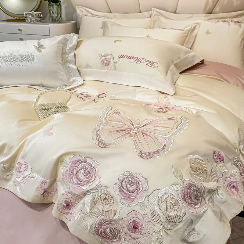 100% Cotton Butterfly Flowers Embroidery Luxury Bedding Set Queen King Size Duvet Cover Flat/Fitted Bed Sheet Pillowcases 4Pcs
