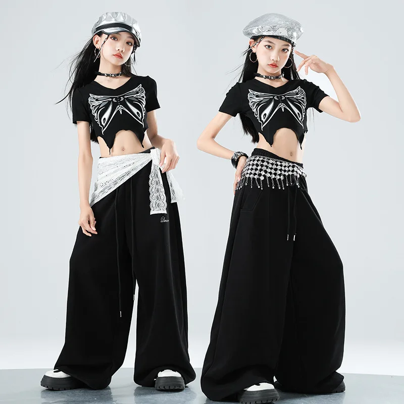 

Hip Hop Dancing Set For Girls Jazz Costume K-Pop Outfit Children Performance Clothes Black Slanted Shoulder Vest Pants
