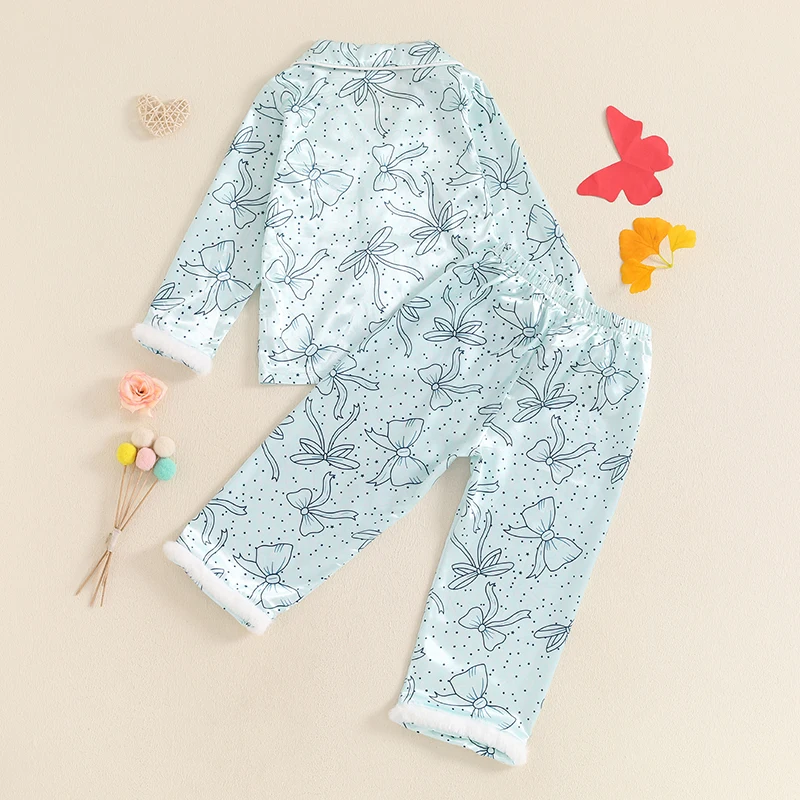 Suefunskry Little Girl Fall Satin Pajamas Set Bow Print Fuzzy Long Sleeve Lapel Button Down Tops with Pants Casual Sleepwear