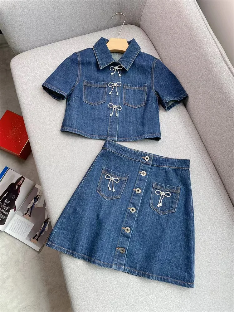 Spring Summer New Fashion Rhinestone Bow Blue Denim Set Women Turn-Down Collar Short Sleeve Shirt or A-Line Mini Skirt Suit 2024