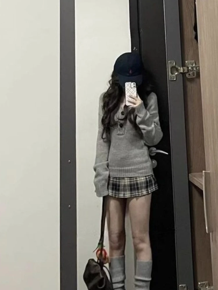 Otoño elegante suéteres de punto Slim Fit de manga larga mujeres Casual jerseys Vintage Color gris Corea lindo estilo Kawaii Jumper