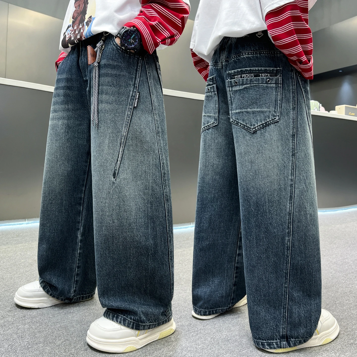 Boys Version Straight Jeans Street Style New Jeans Medium and Big Children Handsome Street Straight Wide-Leg 4-14Y