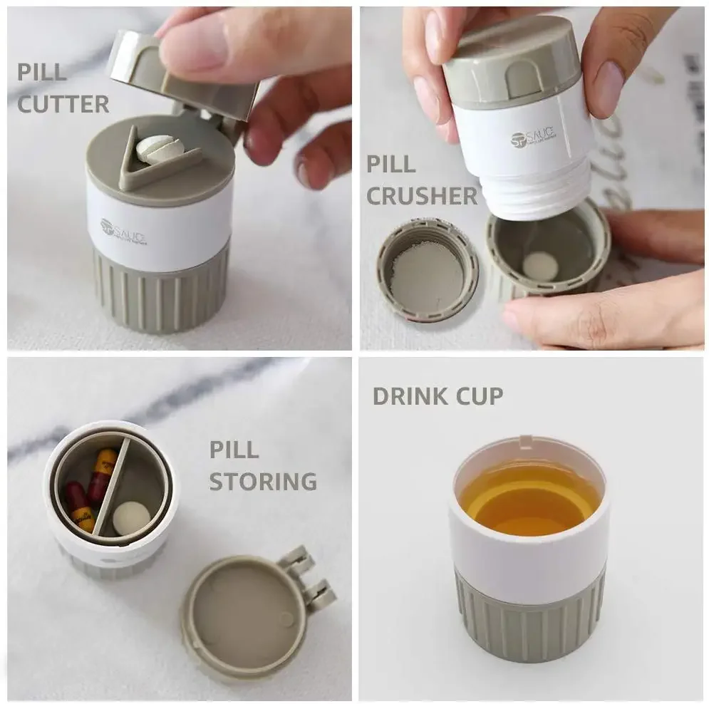 Boîte à pilules portable 4-en-1 avec coupe-pilules, broyeur de médicaments et compartiment de rangement