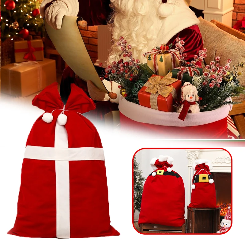 

2026 Flocked Santa Gift Bags Velvet Drawstring Cord Large Present Sack for Home Xmas Navidad Noel Gifts New Year Packaging Bag