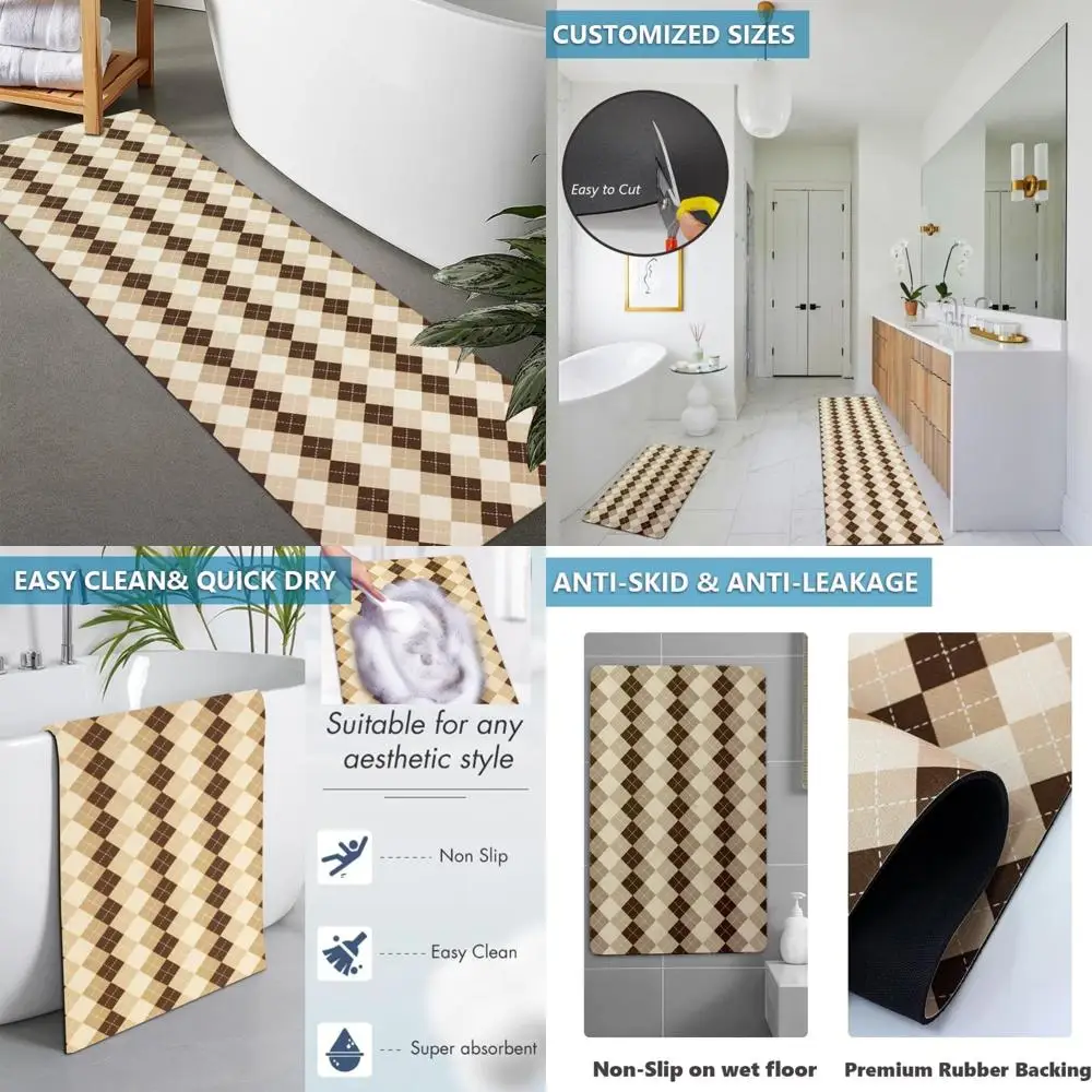 

custom-sized rubber non-slip, quick-drying, super absorbent thin bath rugs - washable mats for bathroom floors