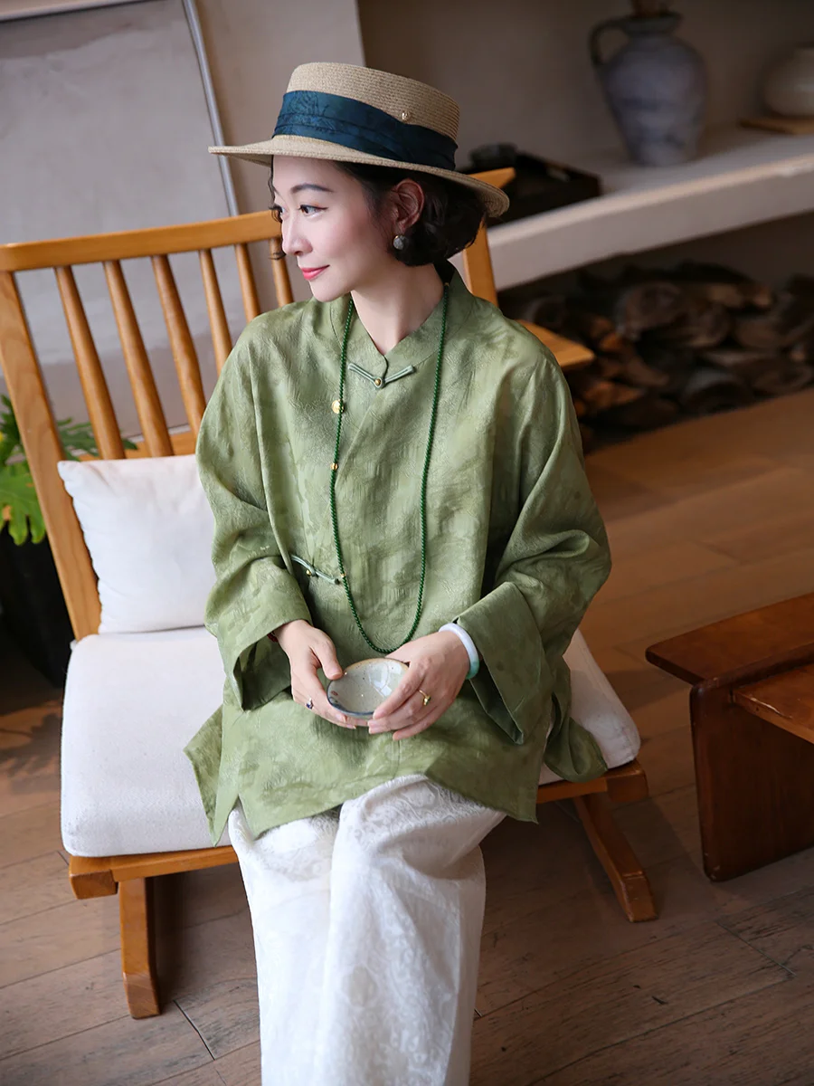 

Elegant Vintage Chinese Style Loose Fit Long Sleeve Silk Shirt Women's Breathable Comfortable Spring Fashion Casual Shirt