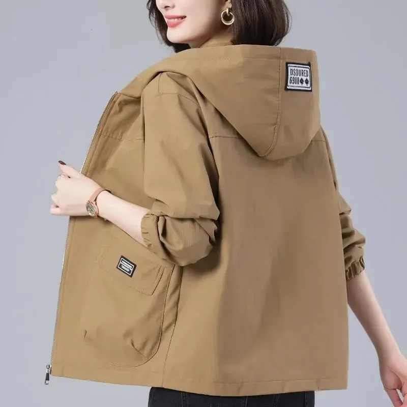 2024 Spring Autumn New Women\'s Jackets Long Sleeve Windbreaker Middle-Aged Mother\'s Coat Hooded Short Jacket Loose Outwear