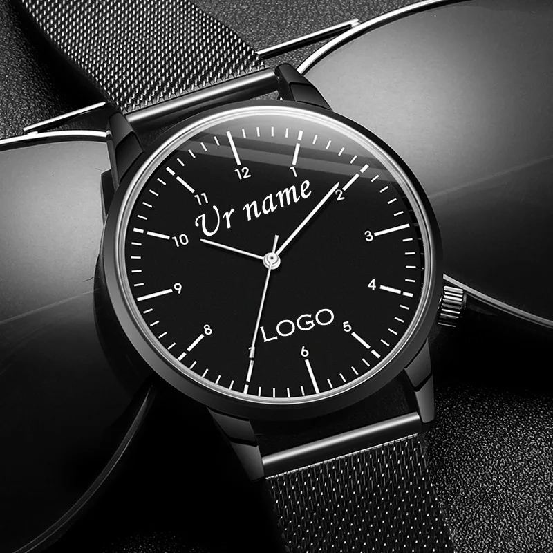 Personalized Free Engrave with Your Name Logo Text Men's Women's Mesh 3 ATM Water Resistant Wristwatch Customized Wrist Watch