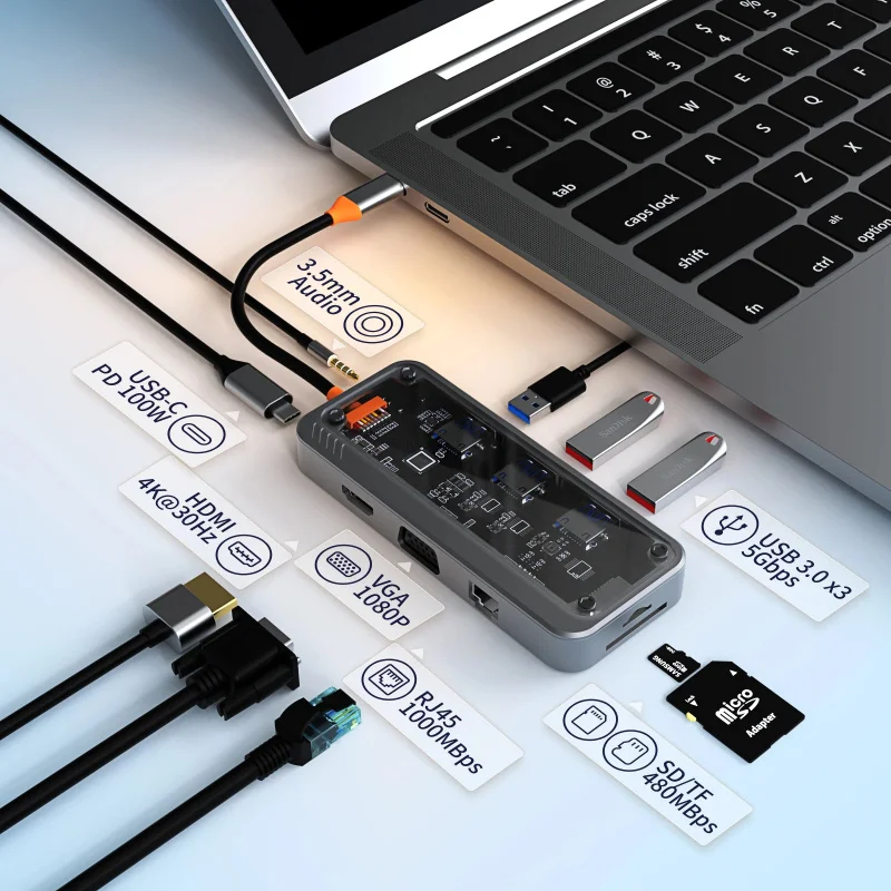 Punk Style Transparent USB C Hub 10 in 1 Gigabit Ethernet Adapter for Laptop