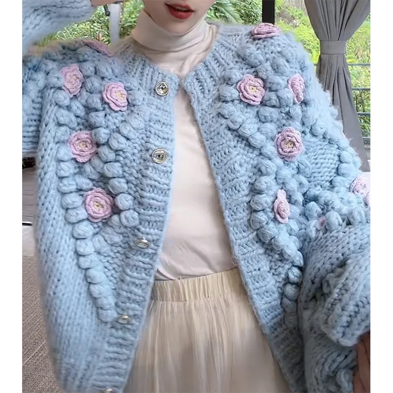 Harajuku Crop Knitted Cardigans Women 3D Flower Sweater Coat Sweet Single Breasted Knitwears Jackets Korean Loose Jumper Outwear