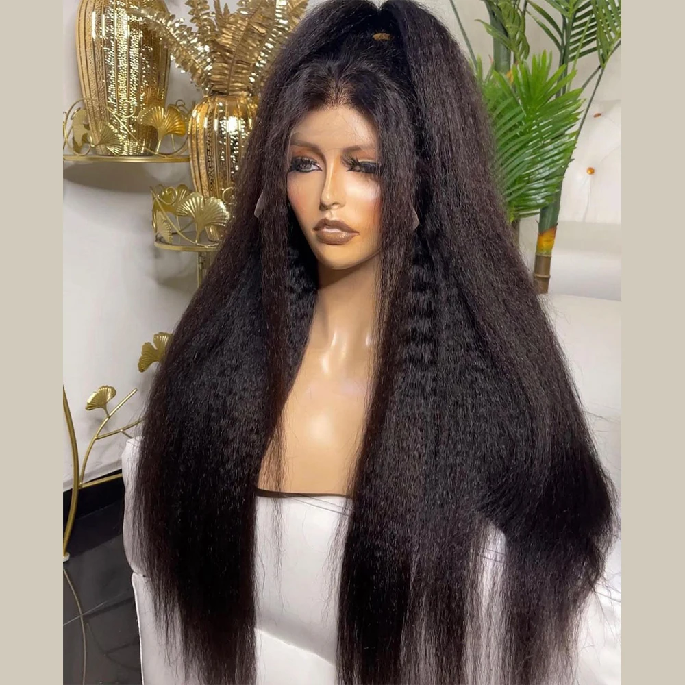 

Natural Black Soft 28 inch 200% Density Long Yaki Kinky Straight Lace Front Wig For Women With Baby Hair Preplucked Glueless