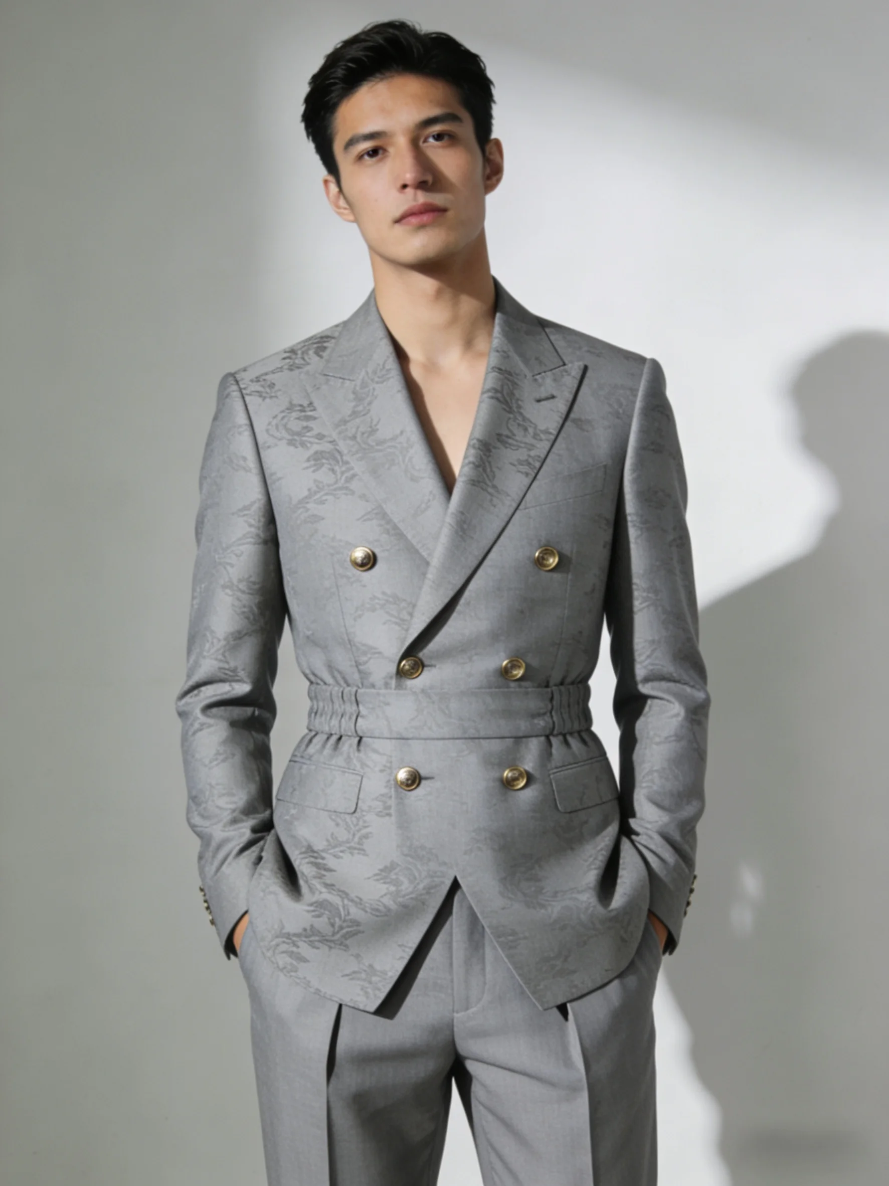 Grey Printed Men Suit Set 2 Piece Blazer+Pants Cotton Prom Wedding Tuxedos Coat Customized Formal Office Fashion Jacket