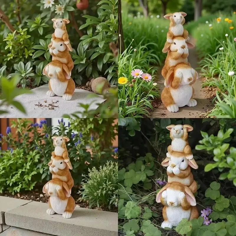 Set up three hand-painted rabbit statues for indoor/outdoor garden decoration Whimsical design Easter Thanksgiving Christmas