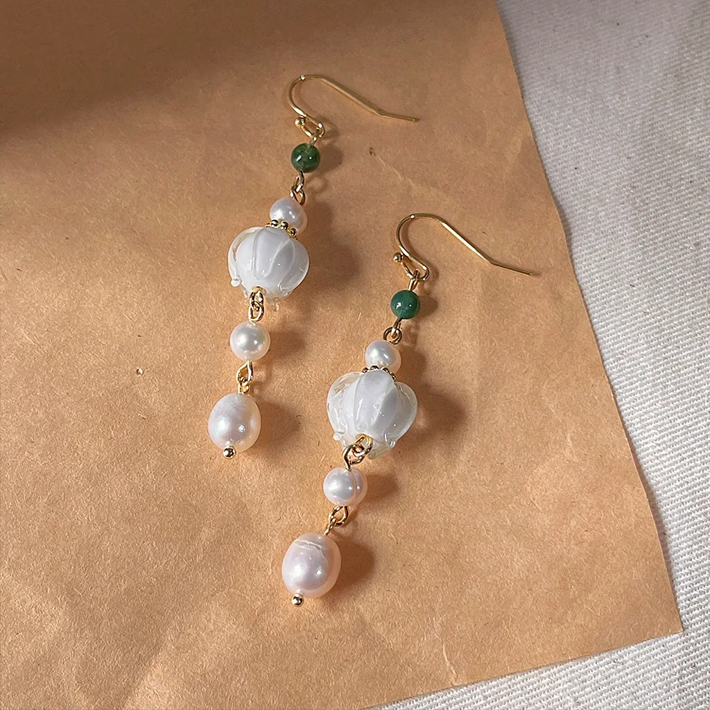 New Arrival Sweet Glass Flower 14K Gold Filled Natural Freshwater Pearl Ladies Tassels Drop Earrings Jewelry For Women Gifts