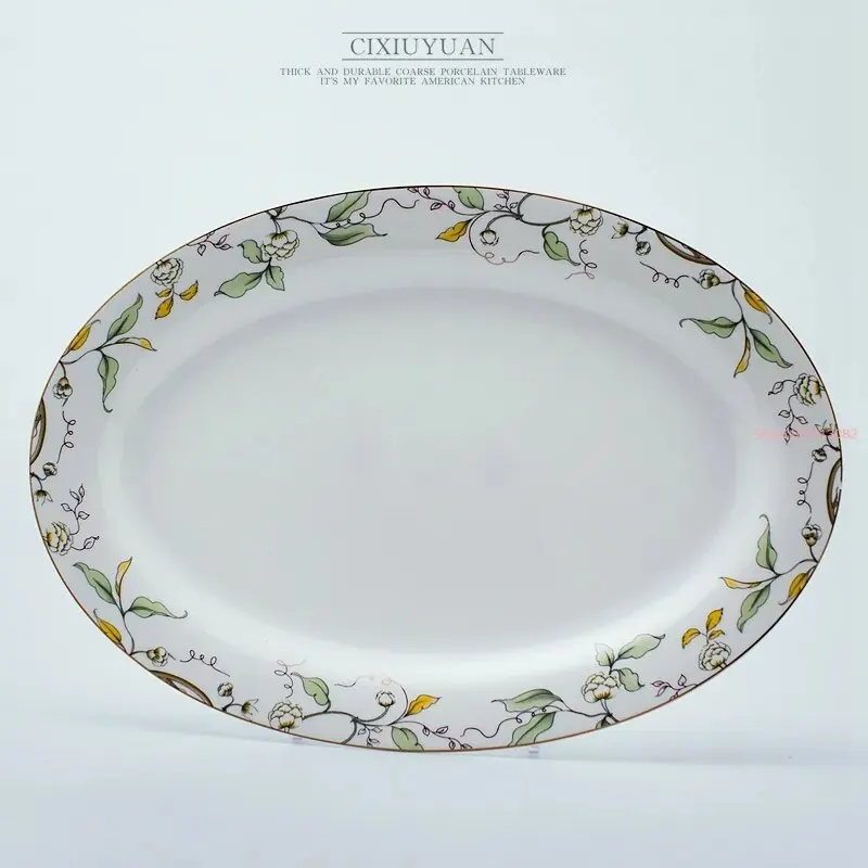 12 Inch, Fine Bone China Charger Plate, Green Leaf and Gold Painting, Oval Fish Dishes from China, Ceramic Tableware