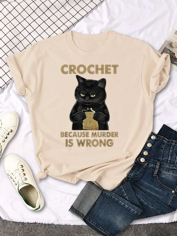 Crochet Because Murder Is Wrong 고양이 인쇄 여성 티셔츠 캐주얼 여름 티셔츠 패션 크리 에이 티브 여성 의류