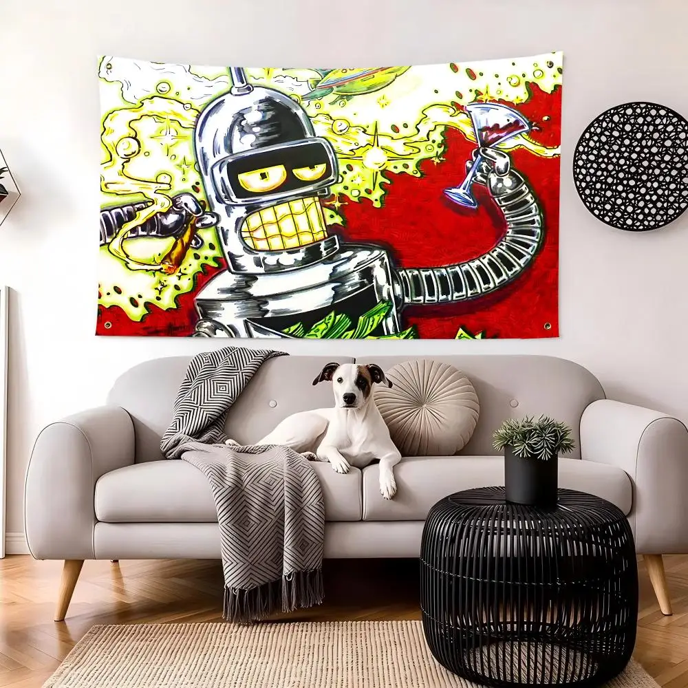 Cartoon Robot Bender Flags Personalized Image Wall Hanging Decor for Garage, Bedroom, Living Room, Dorm