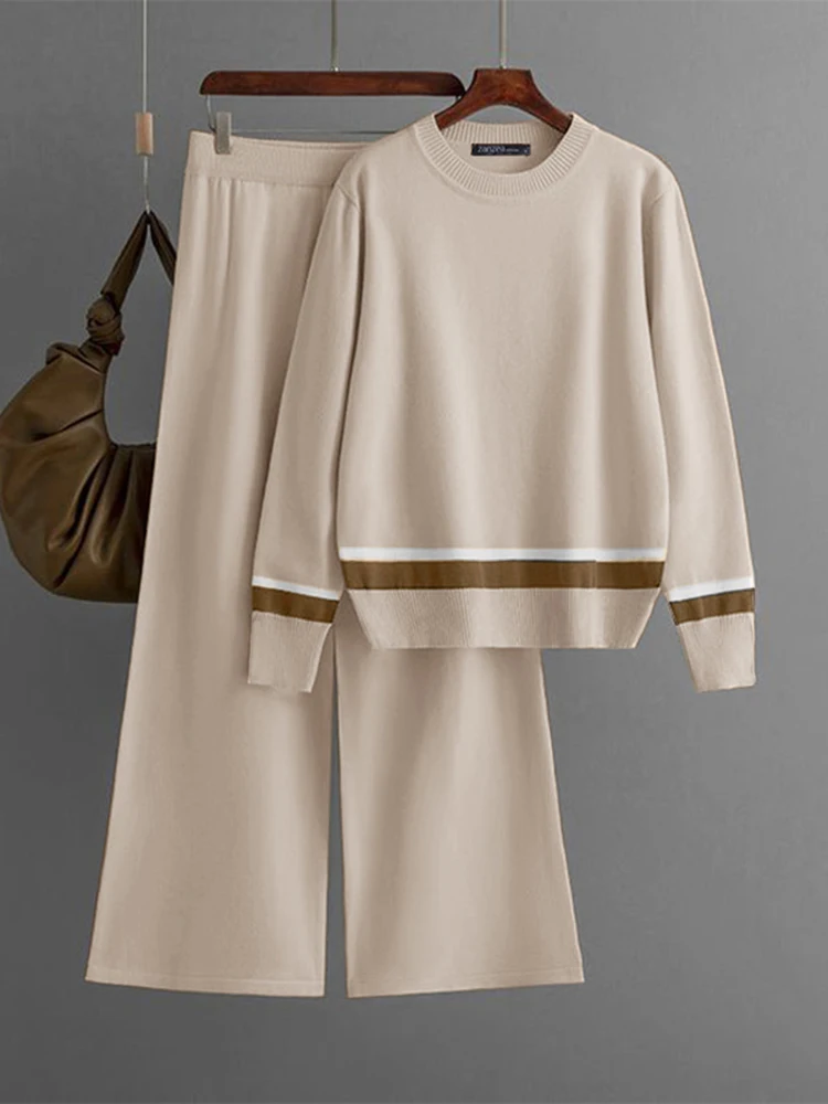

ZANZEA Autumn 2PCS Outfits Long Sleeve Knitted Blouse Pant Sets 2025 Winter Women Loose Matching Sets Patchwork Tracksuits