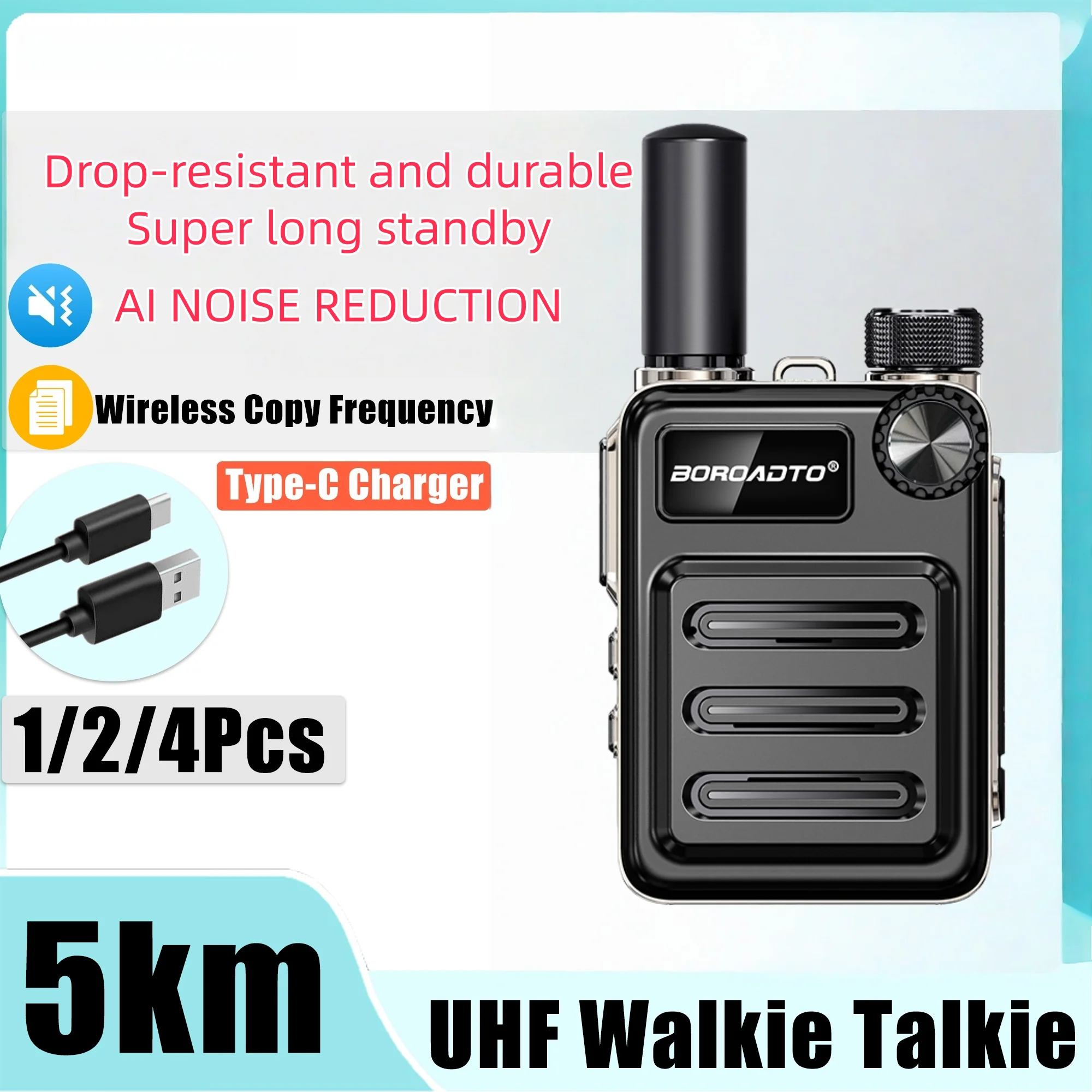 IP45 Waterproof Walkie Talkie UHF 400-470MHz Two Way Radio AI Noise Cancelling Long Range Type-C VOX Transceiver for Outdoor