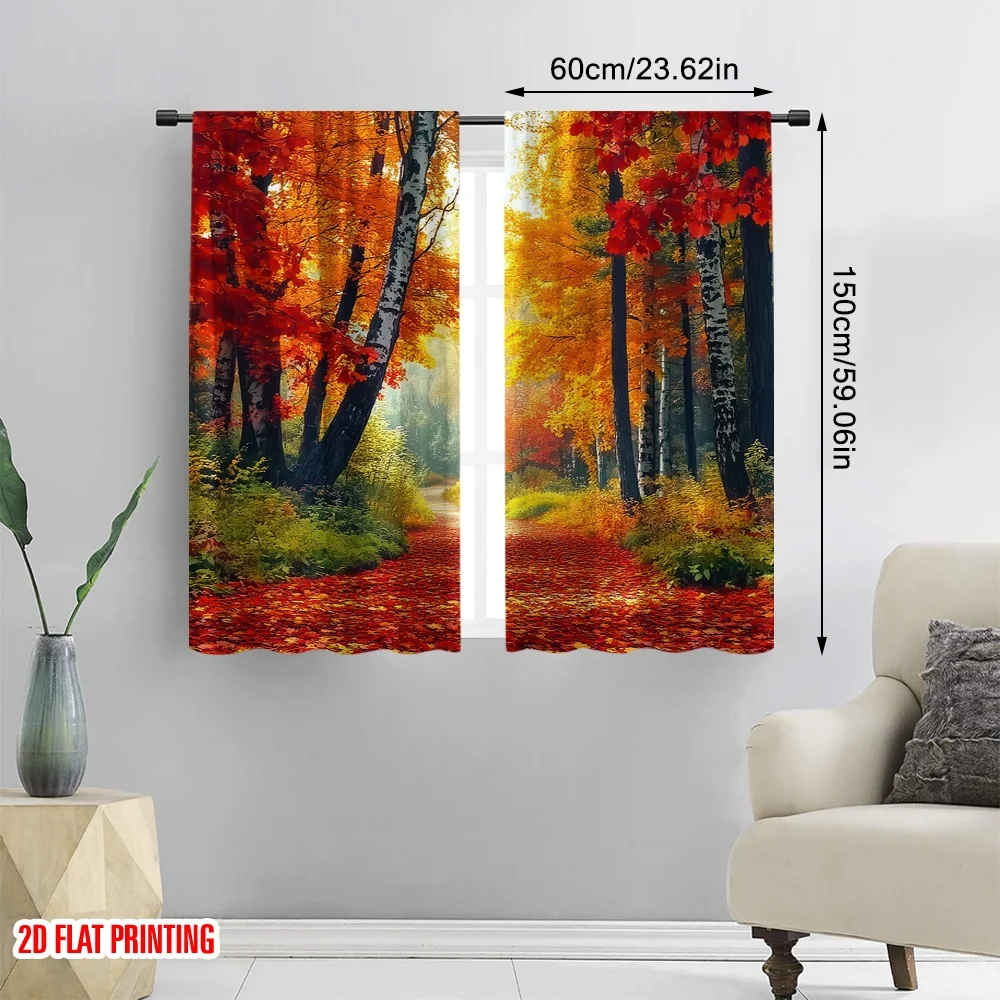 2D flat printing 2pcs Window Drapes Autumn Mountain Road Versatile Polyester Fabric,Without Electricity Festive Backdrops