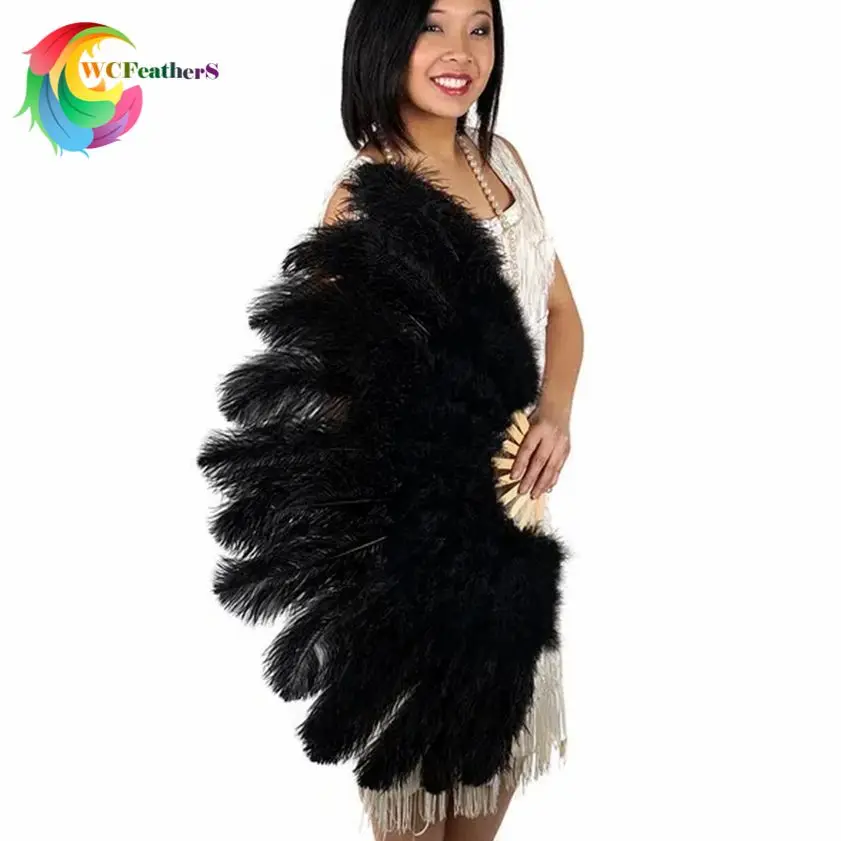 

13Bone Ostrich Feathers Fan Black 100cm Performance Dance props Colorful Plumages Fans Foldable Crafts Fan with Marabou feather