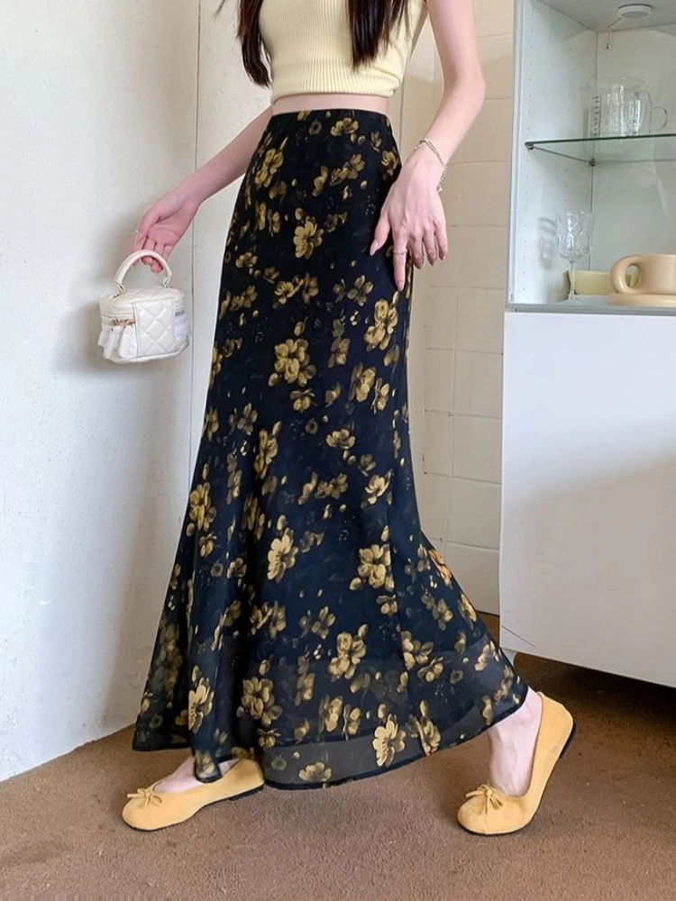 Classic Violet Bloom Design Chiffon Maxi Skirt Women 2026 Summer Charming Slim Adjustable High Rise Tall