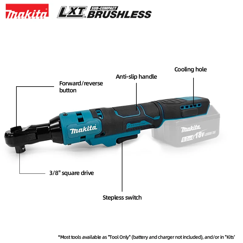 

Makita Brushless Ratchet Right Angle Wrench 10mm Cordless Driver Multifunction 18V Power Tools with LED Variable Speed