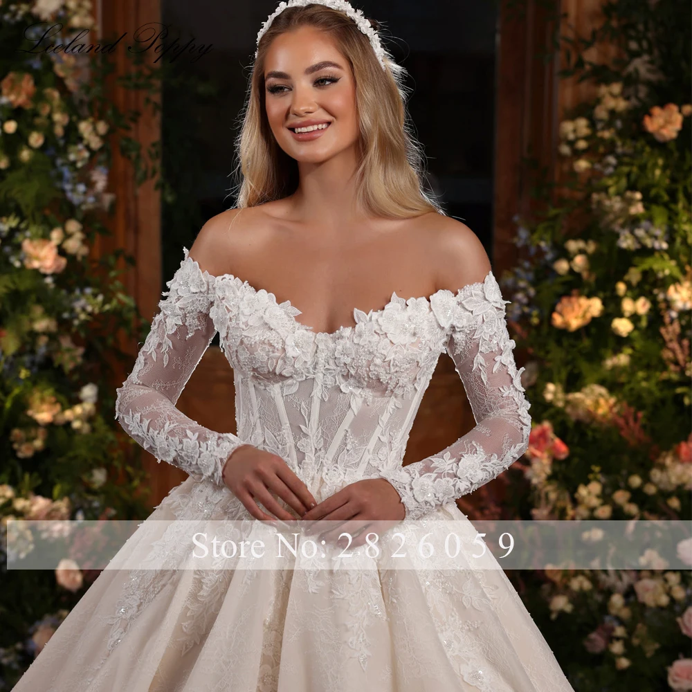 Lceland Poppy Customized A Line Boat Neck Lace Wedding Dresses Full Sleeves Beaded Bridal Gowns with Cathedral Train