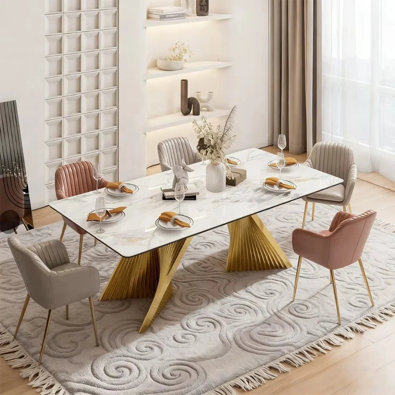 Modern luxury, marble dining room 63-inch gold and white dining table set + 6 chairs rectangular gloss sintered stone