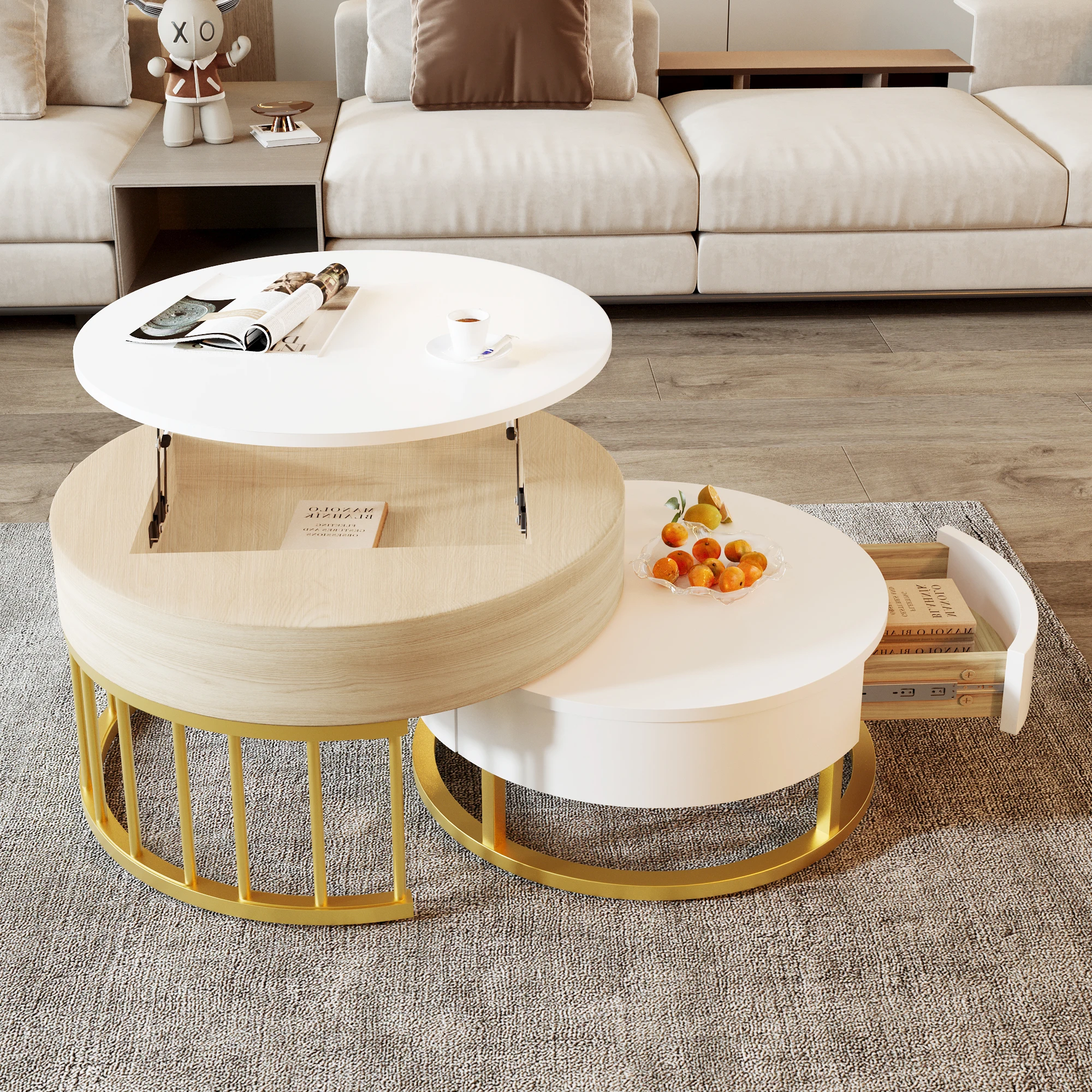 Ensemble de tables basses rondes modernes, grande table relevable avec surface de travail réglable en hauteur et rangement, petite table avec tiroir incurvé, finition grain de bois blanc, structure en métal doré, MDF, table d'appoint multifonctionnelle pour salon