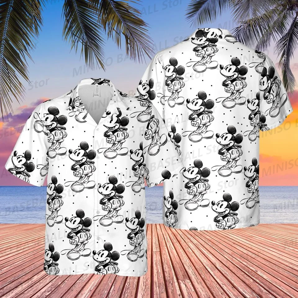 New Summer Disney Boy&Girls Mickey Mouse Head Printed Cartoon Shirt KID/Adult Vacation Casual Hawaiian Shirt Children\'s Clothing