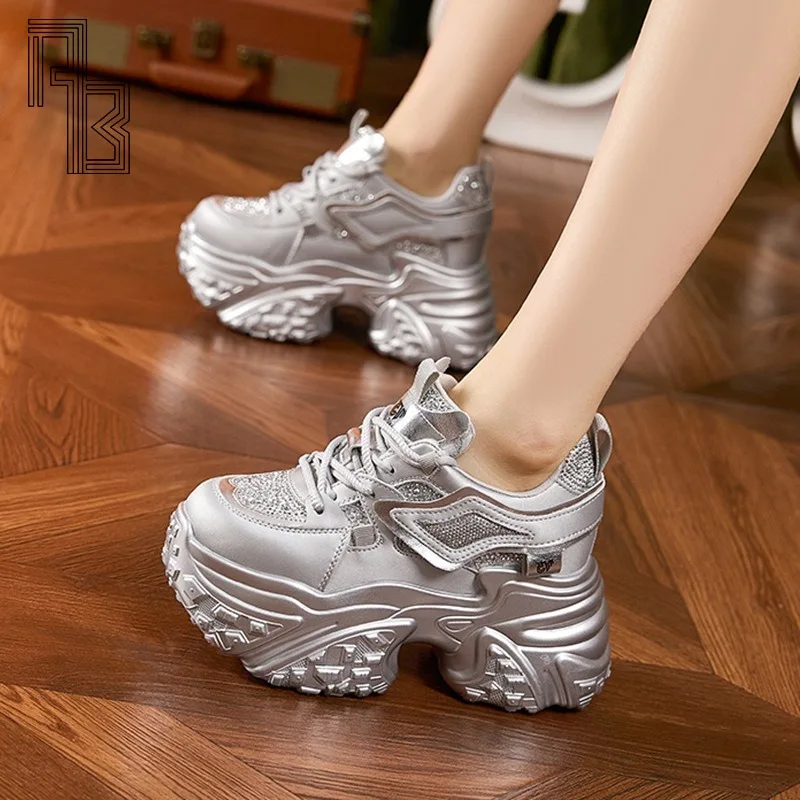 

Platform Bling Sequine Sneaker Boots 9cm Height Increasing Lace Up Autumn Winter Women Shoes Thick Botton Sole Boots
