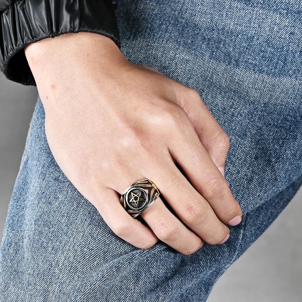Gold Plated Stainless Steel Satanic Goat Jewelry Trend 2024 Pentagram Hebrew Signet Pentacle Ring Waterproof