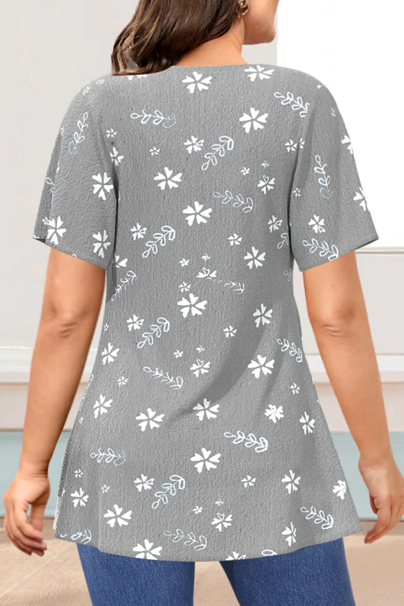 Flycurvy-camisa de lino gris con estampado Floral para verano, blusa de dos piezas con costura de encaje, talla grande