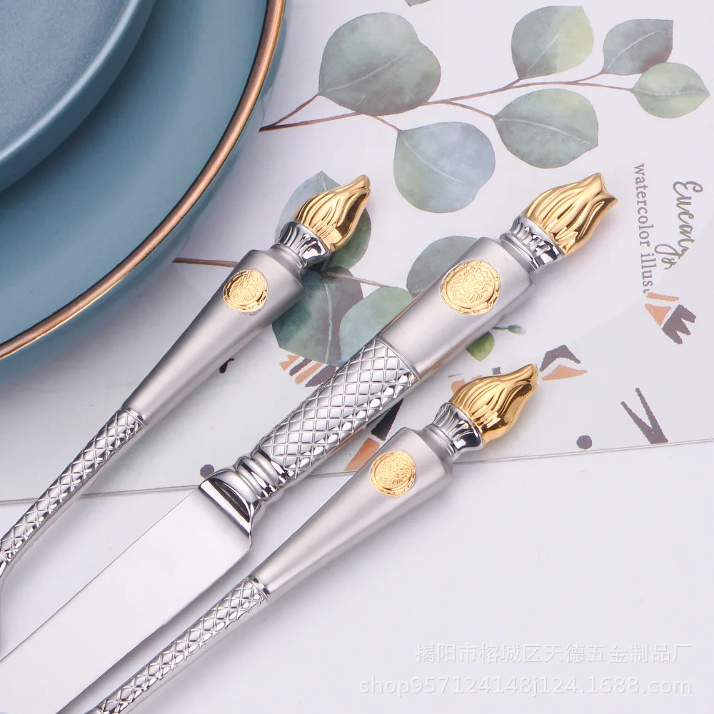 High-quality 304 stainless steel steak knife and fork set luxury gold-plated sandblasting torch knife and fork Western tableware