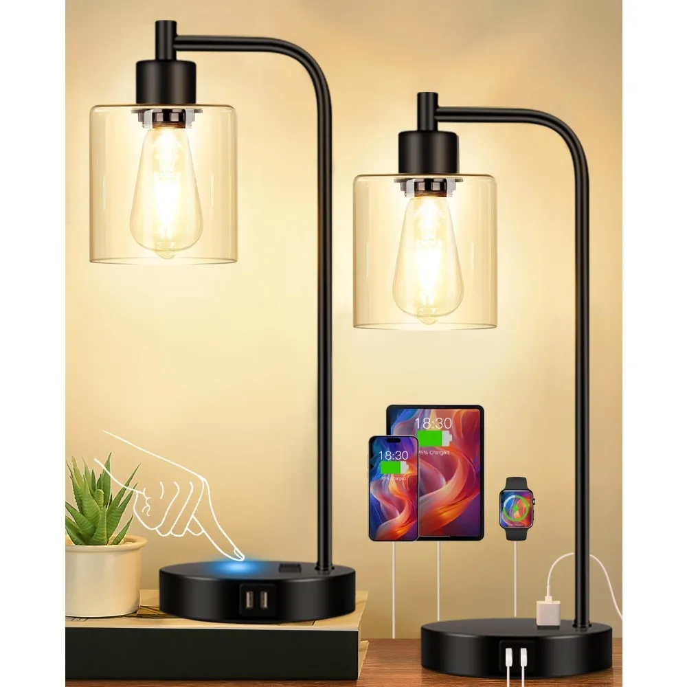 

Set of 2 Industrial Touch Control Table Lamps - Bedside Lamps with 2 USB Ports and AC Outlet, 3-Way Dimmable Nightstand